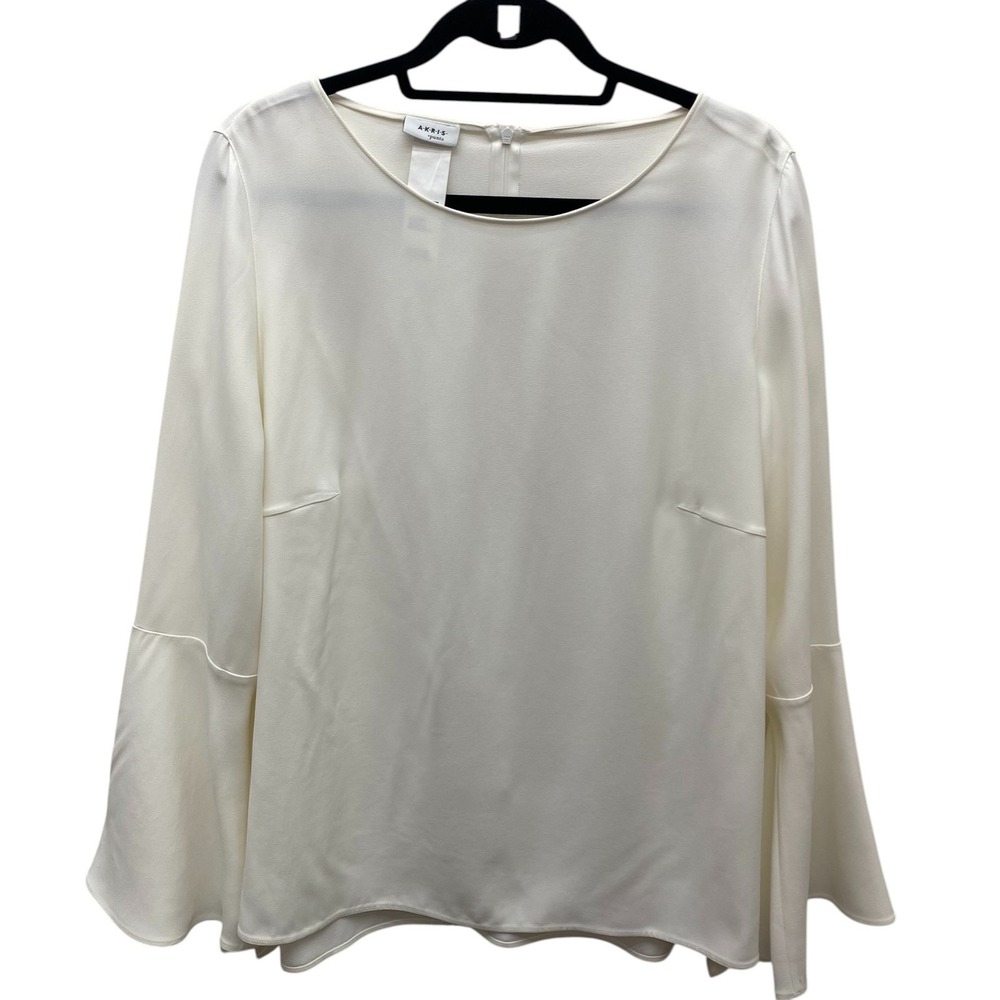 Akris Punto Blouse Womens Sz 16 Ivory Bell Sleeve Flare Cuff Minimalist Chic Top